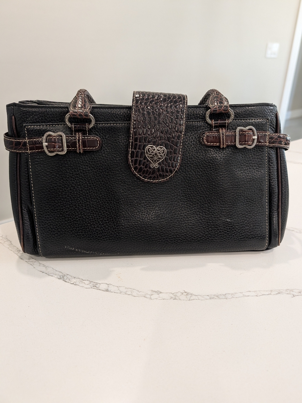 Brighton Black Brown Croc Embossed Leather Shoulder Bag Heart Hardware Y2k